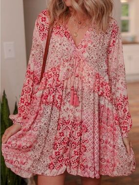Boho Pink Floral Dress V Neck Long Sleeve Tassel Mini Oversized NWT